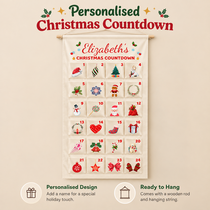 Little Teekie Personalised Canvas Advent Calendar | Hanging Christmas Countdown with 24 Pockets, 40x70cm – Cream