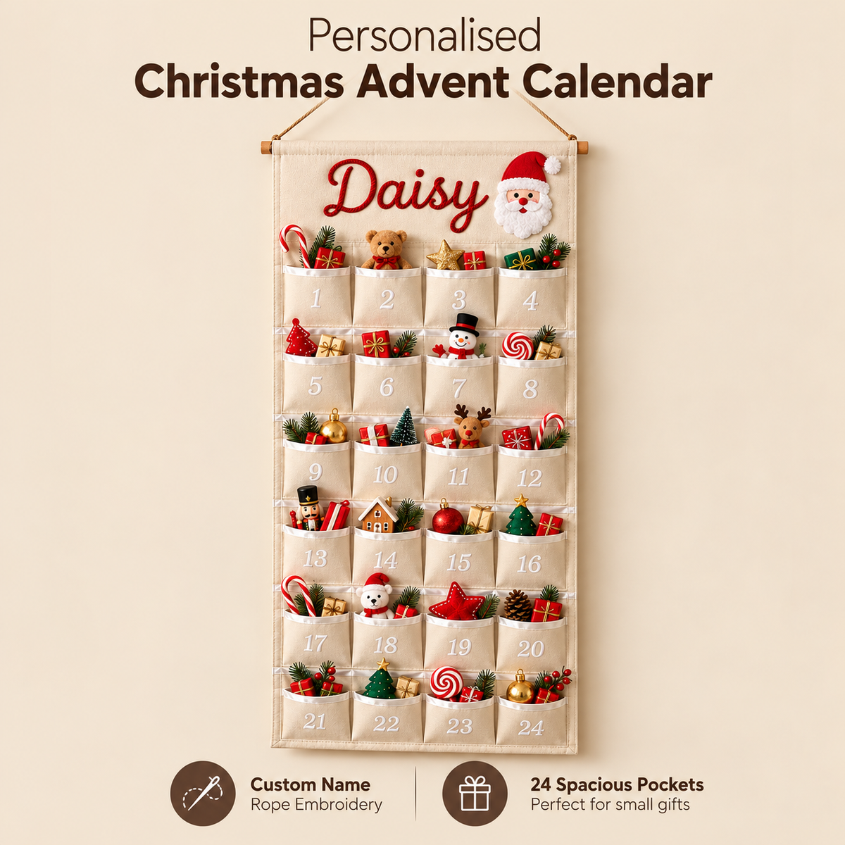 Little Teekie Personalised Canvas Advent Calendar | Rope Embroidered Name, 100cmx45cm - White