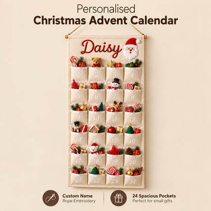 Little Teekie Personalised Canvas Advent Calendar | Rope Embroidered Name, 100cmx45cm - White