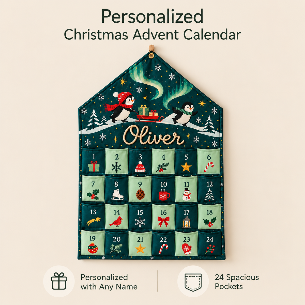 Little Teekie Personalised Fabric Advent Calendar | Hanging Christmas Countdown with 24 Pockets - Green