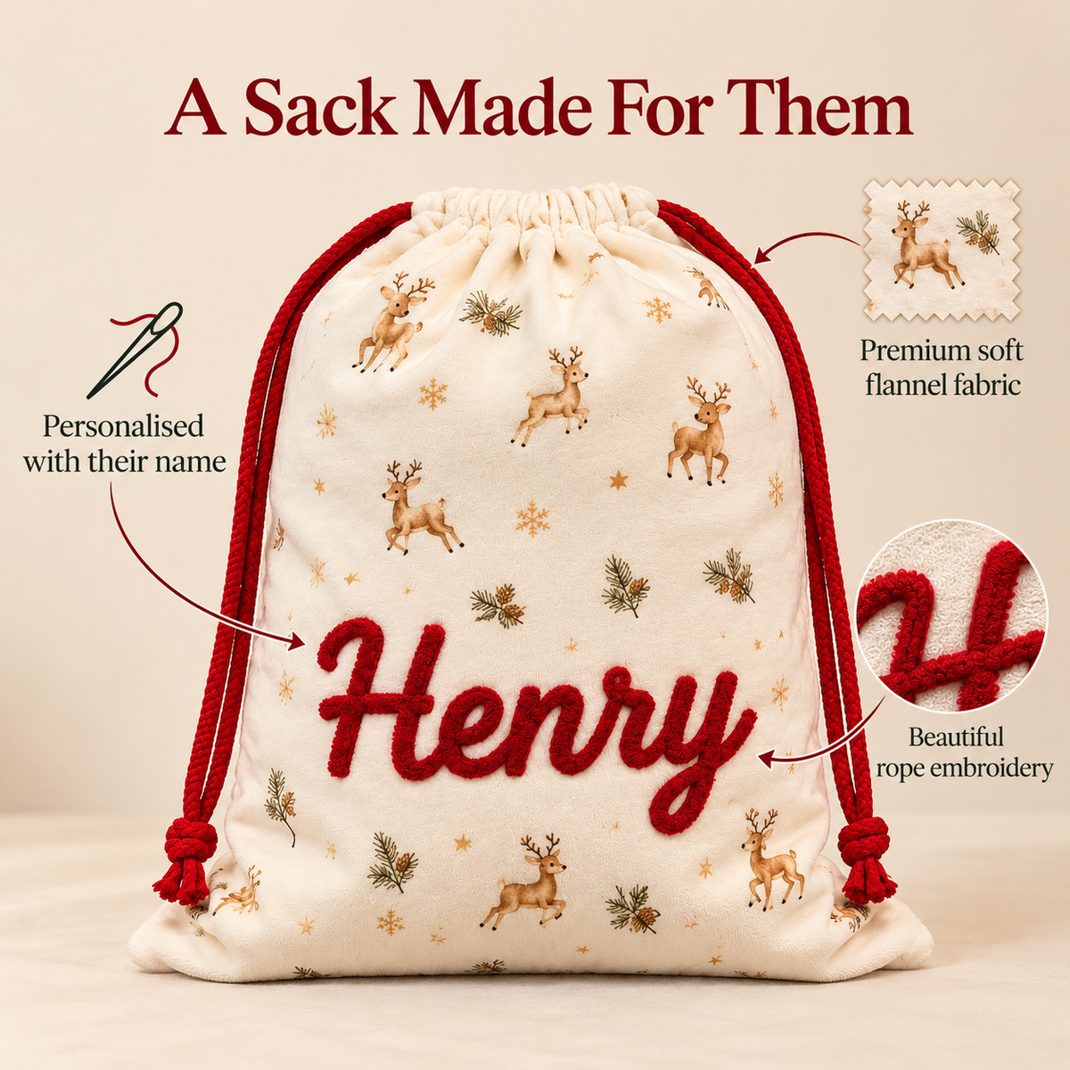 Little Teekie Personalised Canvas Santa Sack | Reindeer & Snowflake Print, Rope Embroidery – Cream