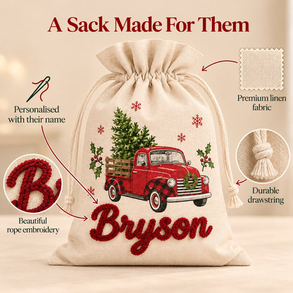 Little Teekie Personalised Canvas Santa Sack | Christmas Tree with Car Print, Rope Embroidery – Cream