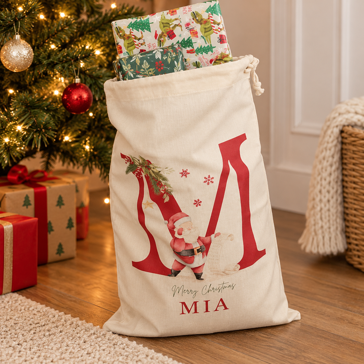 Little Teekie Personalised Printed Christmas Sack | Santa Design Gift Bag 40x45 cm – Cream