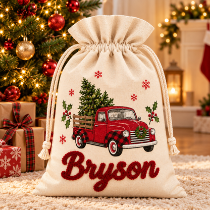 Little Teekie Personalised Canvas Santa Sack | Christmas Tree with Car Print, Rope Embroidery – Cream