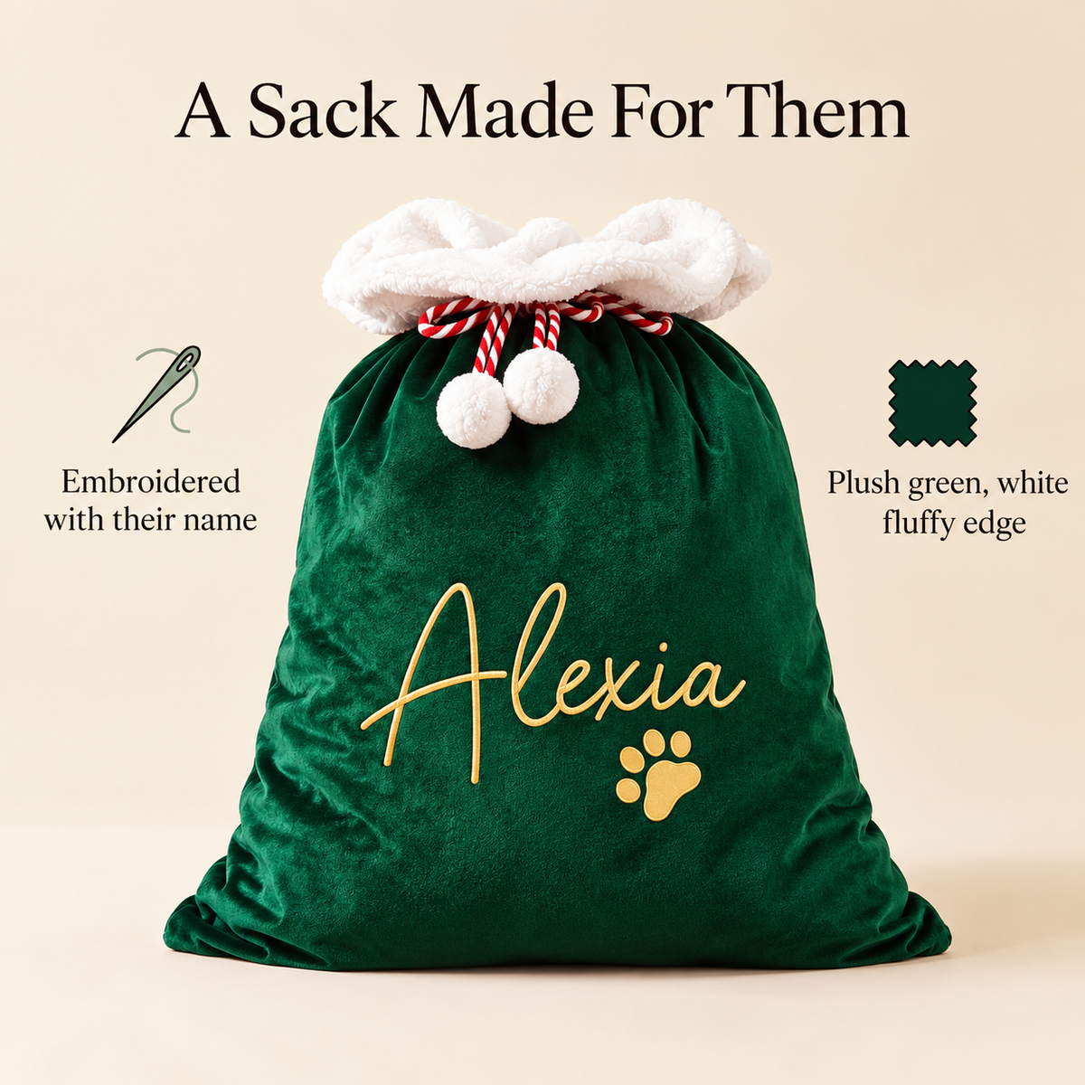 Little Teekie Personalised Santa Sack | Embroidered Name, Green Plush with White Fluffy Trim