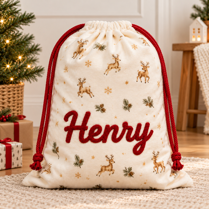 Little Teekie Personalised Canvas Santa Sack | Reindeer & Snowflake Print, Rope Embroidery – Cream