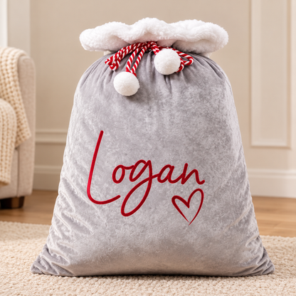 Little Teekie Personalised Santa Sack | Embroidered Name, Grey Plush with White Fluffy Trim