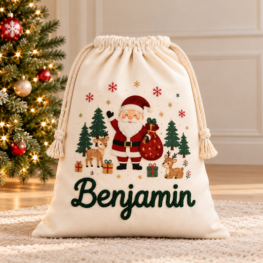 Little Teekie Personalised Canvas Santa Sack | Santa & Reindeer Print, Rope Embroidery – Cream