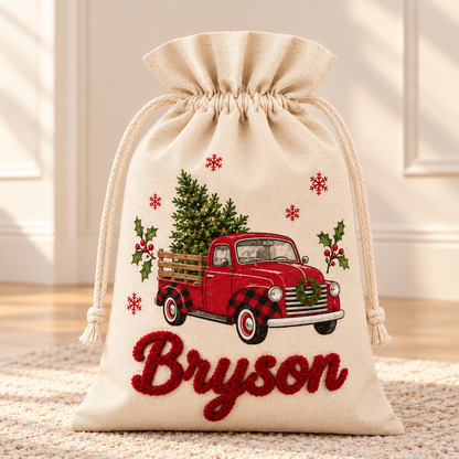 Little Teekie Personalised Canvas Santa Sack | Christmas Tree with Car Print, Rope Embroidery – Cream