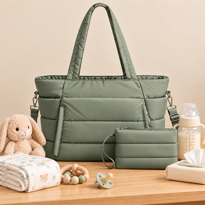 Little Teekie Quilted Nappy Tote | Puffer Cotton, Lightweight Baby Bag – Sage