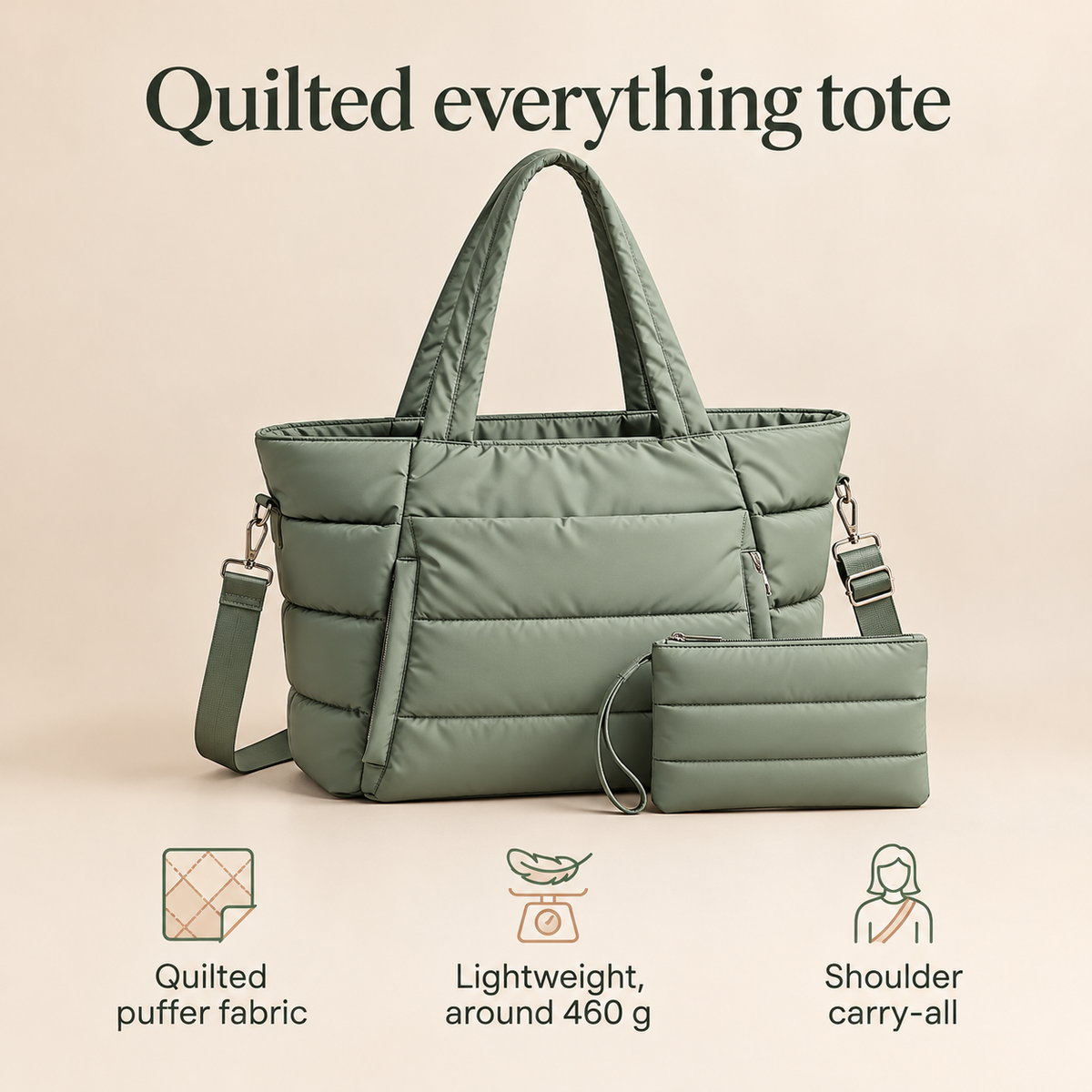 Little Teekie Quilted Nappy Tote | Puffer Cotton, Lightweight Baby Bag – Sage