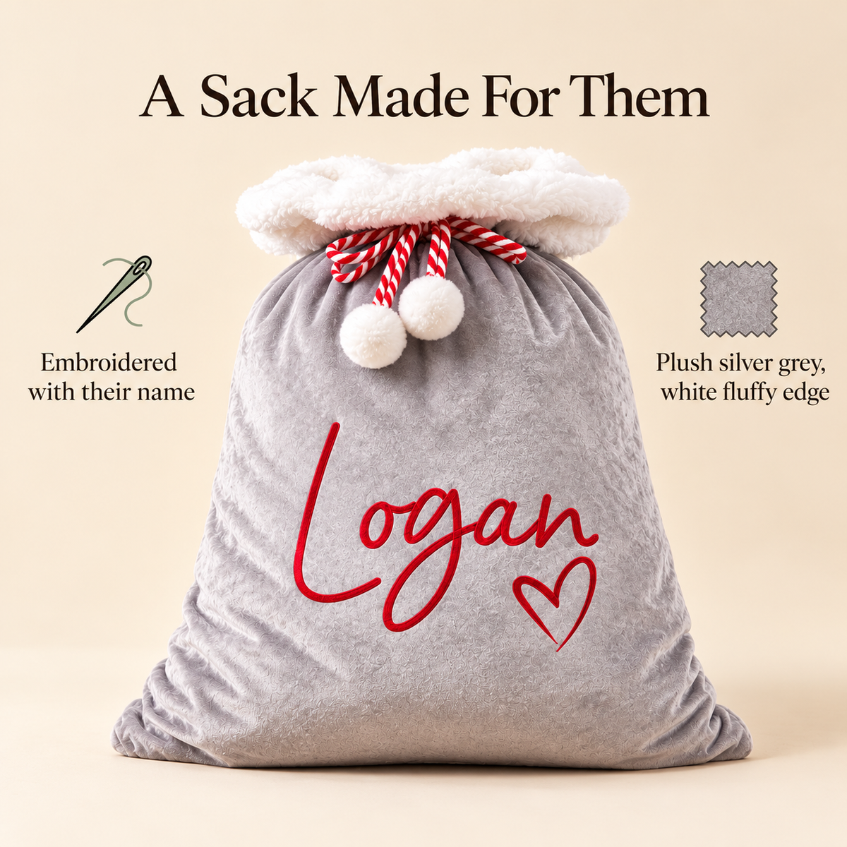 Little Teekie Personalised Santa Sack | Embroidered Name, Grey Plush with White Fluffy Trim