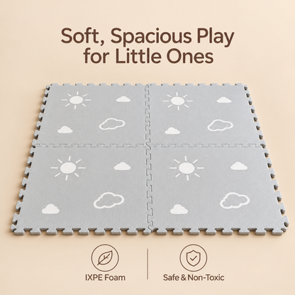 Little Teekie IXPE Foam Play Mat | 120 x 120 cm, 4 Interlocking Pieces – Sun & Cloud Print - Grey