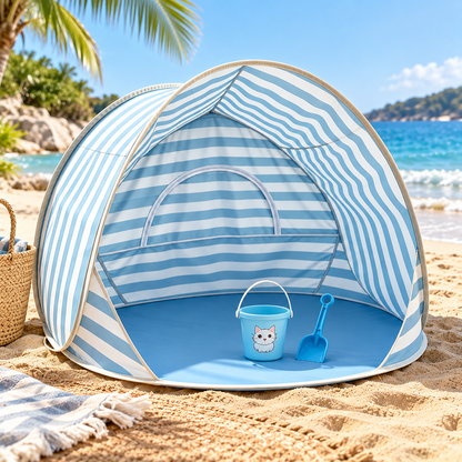 Little Teekie Kids Pop-Up Beach Tent & Sand Toy Set | UV-Protective Shade – Blue Stripe