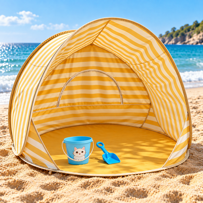 Little Teekie Kids Pop-Up Beach Tent & Sand Toy Set | UV-Protective Shade – Yellow Stripe