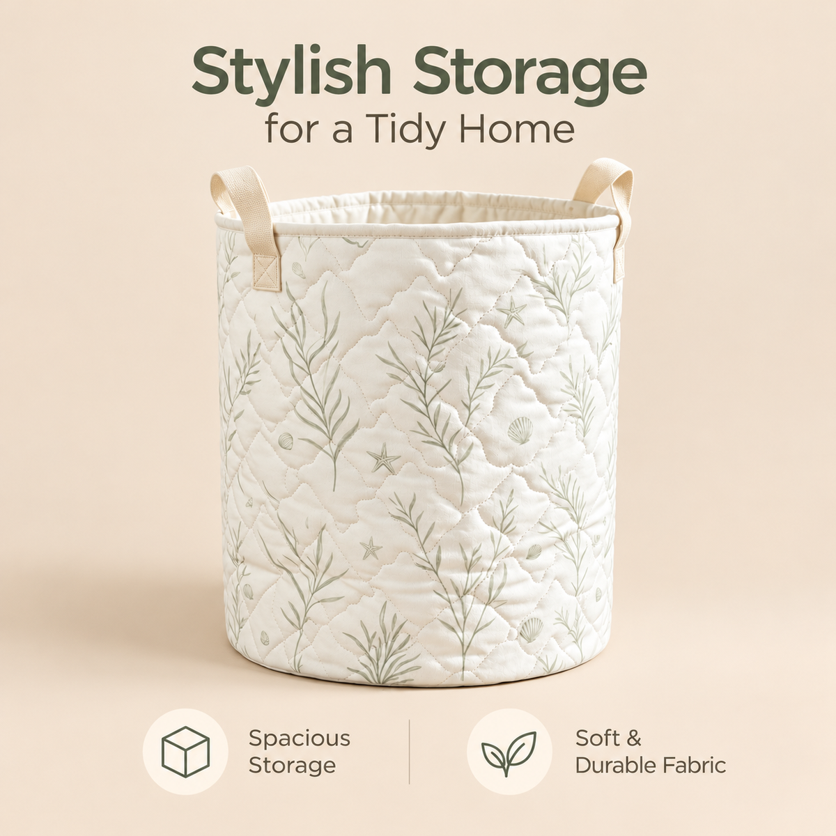 Little Teekie Kids Storage Basket | Soft Toy & Nursery Organiser – White with Sage Print