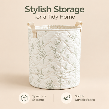Little Teekie Kids Storage Basket | Soft Toy & Nursery Organiser – White with Sage Print