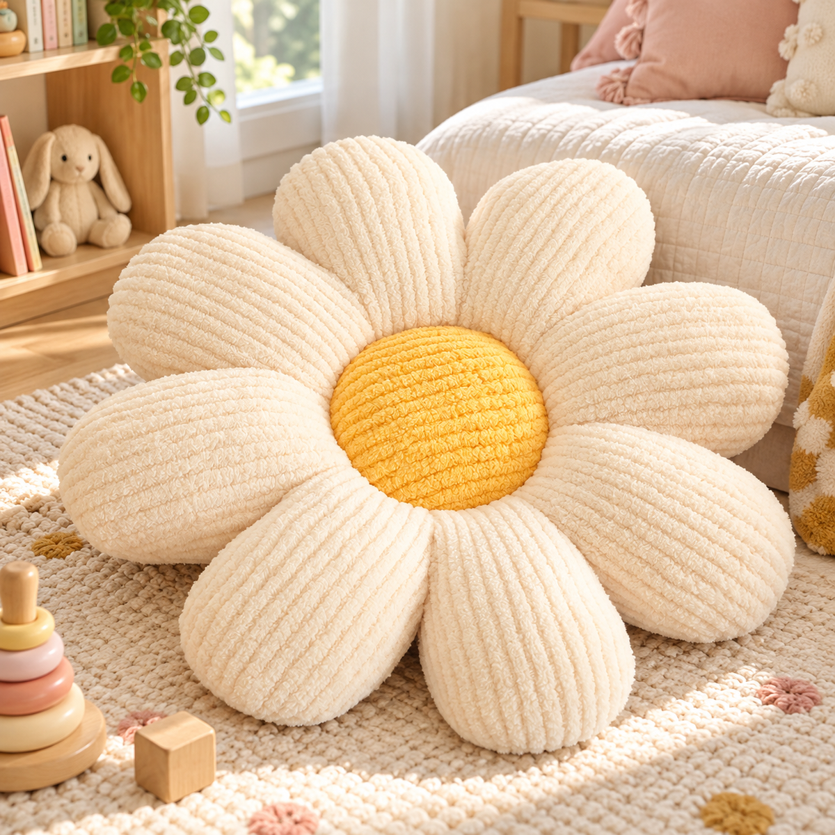 Little Teekie Daisy Flower Cushion | Boucle Kids Room & Nursery Decorative Cushion –  Off White