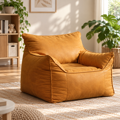 Little Teekie Kids Bean Bag Lounger Cover | Vegan Leather 80x80x70cm – Mustard