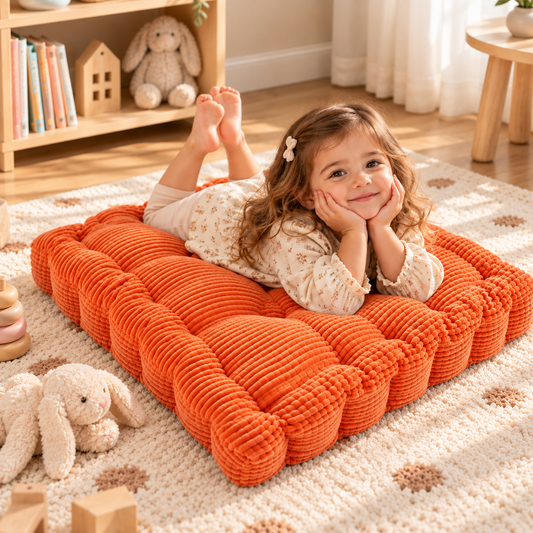 Little Teekie Corduroy Tufted Floor Cushion | Kids Floor Pillow 60cm, Filled – Orange