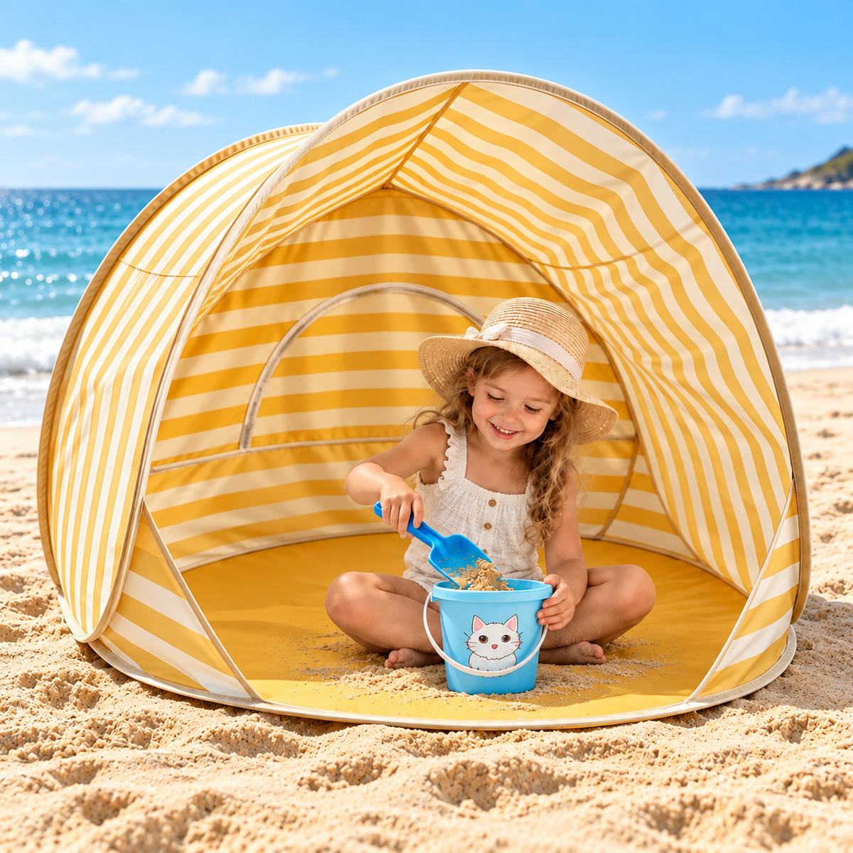 Little Teekie Kids Pop-Up Beach Tent & Sand Toy Set | UV-Protective Shade – Yellow Stripe