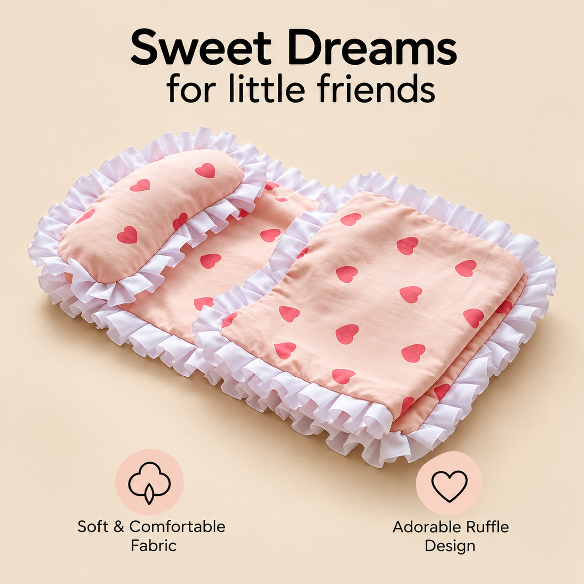 Little Teekie Doll Bedding Set | Quilt and Pillow, Fits 40cm Dolls - Heart Style