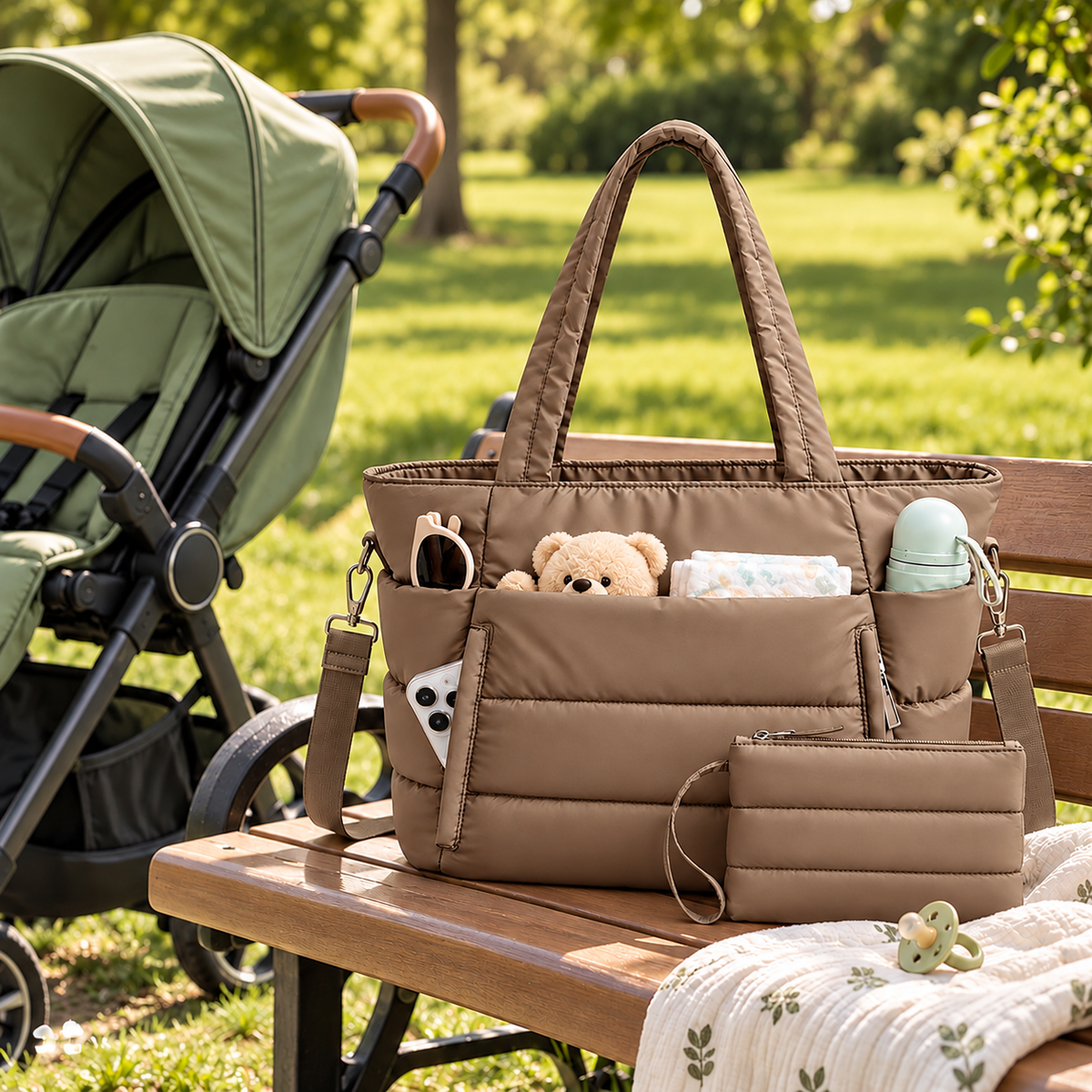 Little Teekie Quilted Nappy Tote | Puffer Cotton, Lightweight Baby Bag – Brown