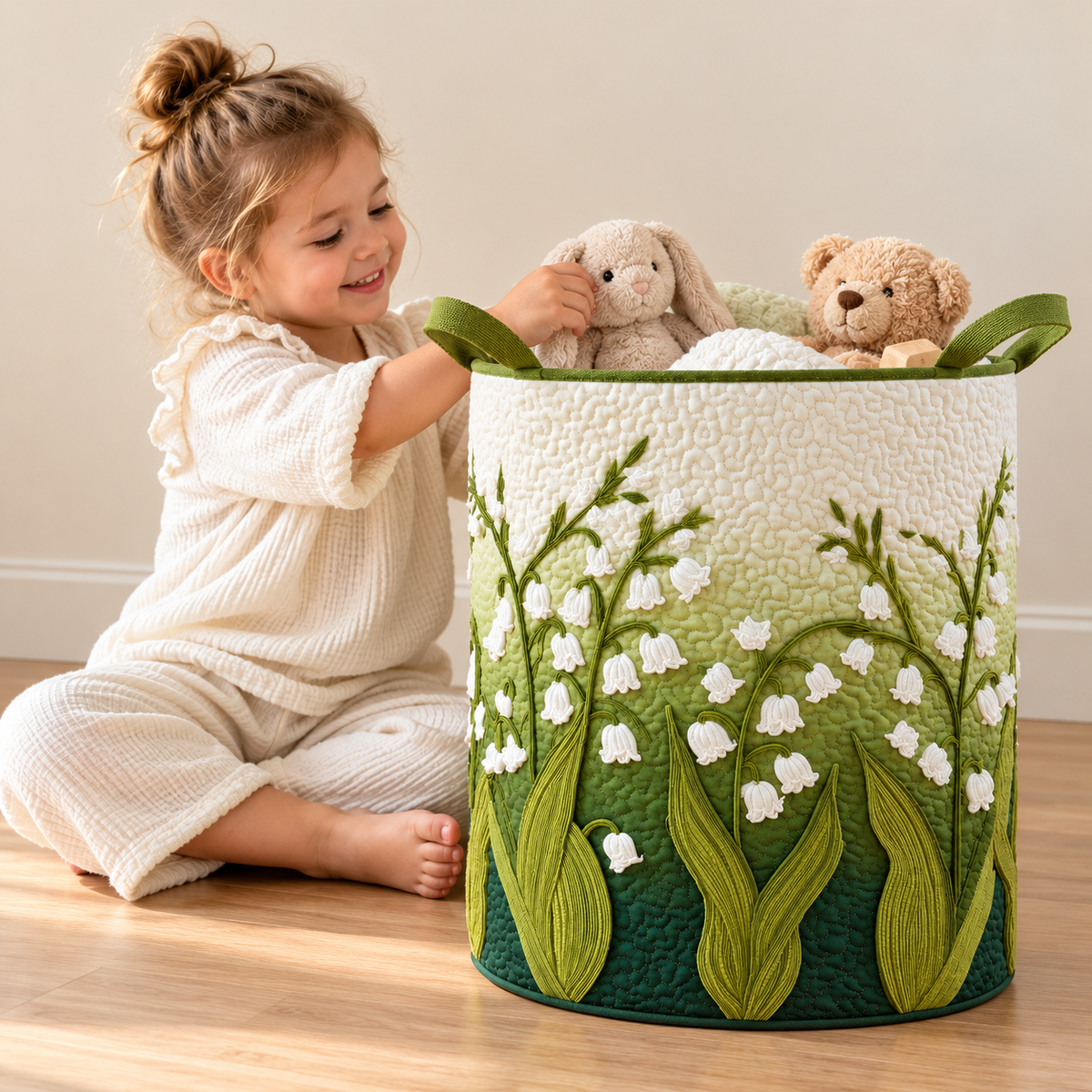 Little Teekie Kids Storage Basket | Soft Toy & Nursery Organiser, Embroidered Lily – Green