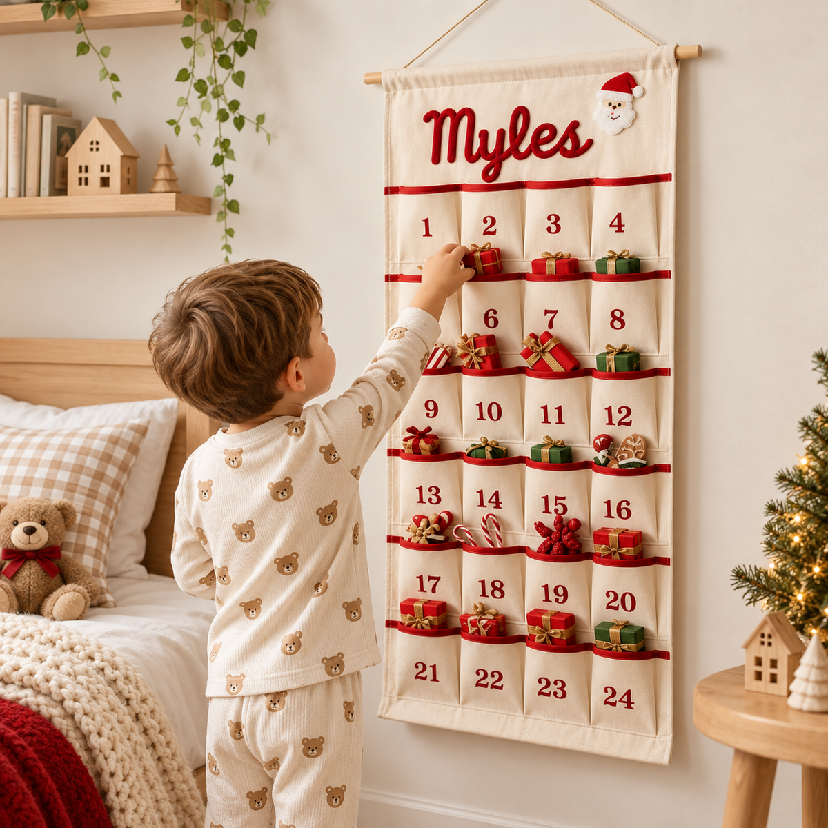 Little Teekie Personalised Canvas Advent Calendar | Rope Embroidered Name, 100cmx45cm - Red