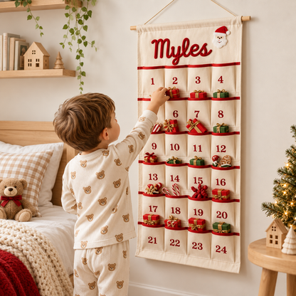 Little Teekie Personalised Canvas Advent Calendar | Rope Embroidered Name, 100cmx45cm - Red