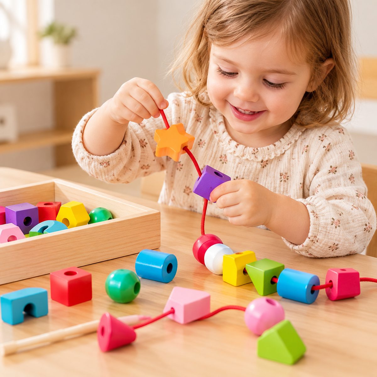 Little Teekie Jumbo Wooden Threading Blocks | 25 Piece Lacing and Sequencing Set with Pattern Cards
