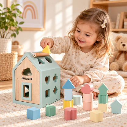 Little Teekie Personalised Wooden House shape Sorter | Engraved Name, FSC Timber – Pastel Green