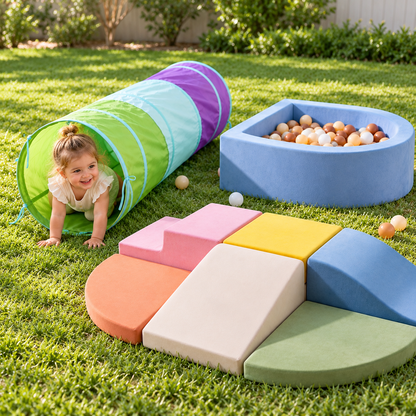 Little Teekie Play Tunnel, Climbing Blocks & Ball Pit Bundle | OEKO-TEX Cotton Tunnel & Soft Foam Ball Pit – Multicolor