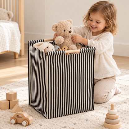 Little Teekie Large Cotton Canvas Storage Basket | Soft Toy & Nursery Organiser – Black