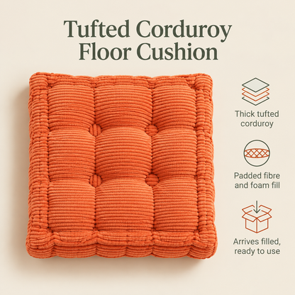 Little Teekie Corduroy Tufted Floor Cushion | Kids Floor Pillow 60cm, Filled – Orange