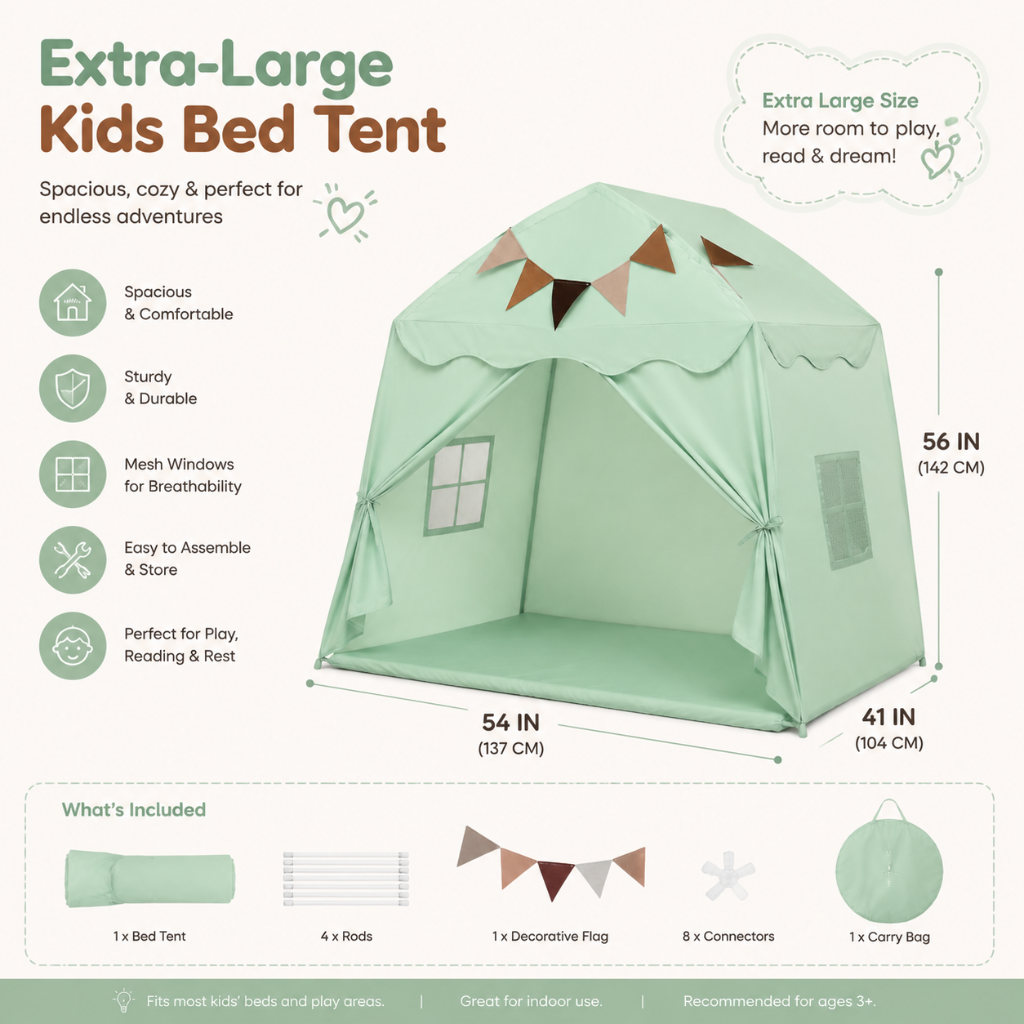 Little Teekie Kids Bed Tent Playhouse with Lights & Flags