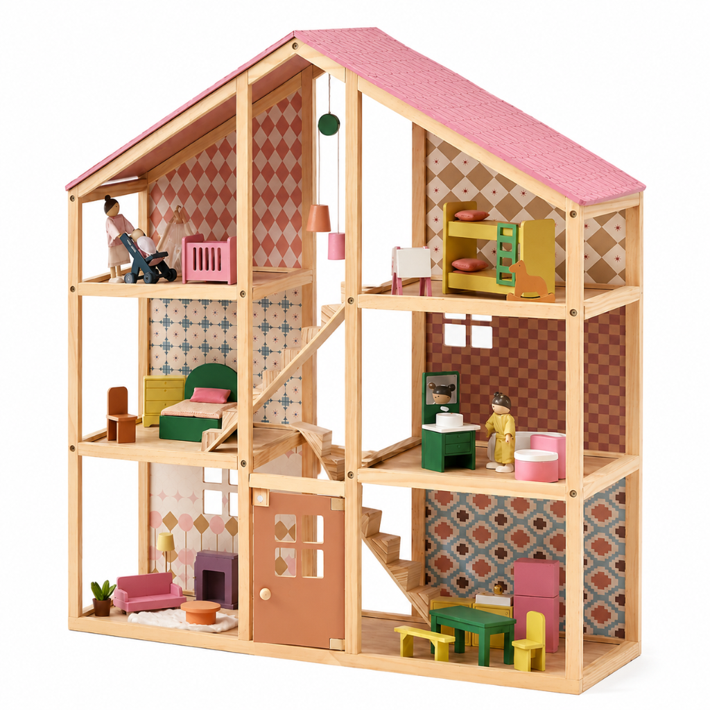 Little Teekie Wooden Dollhouse Playset with Family Figures