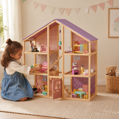 Little Teekie Purple Wooden Dollhouse Playset with Family Figures