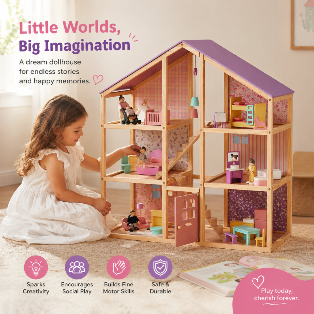 Little Teekie Purple Wooden Dollhouse Playset with Family Figures