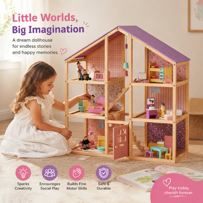 Little Teekie Purple Wooden Dollhouse Playset with Family Figures