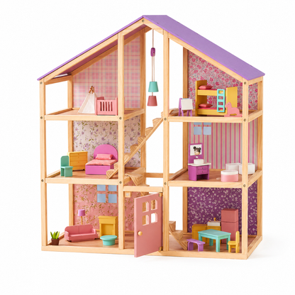 Little Teekie Purple Wooden Dollhouse Playset with Family Figures