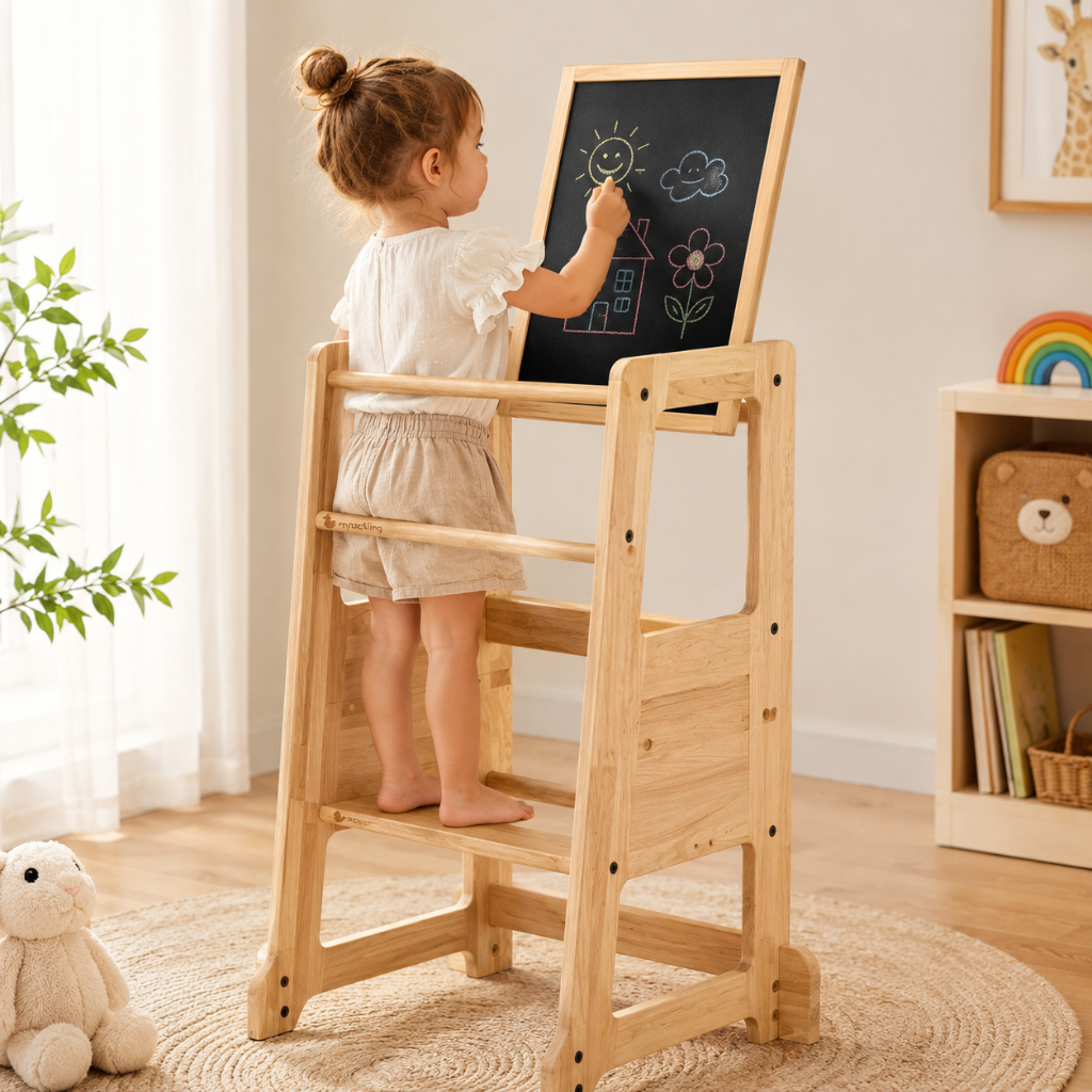 Little Teekie Wooden Adjustable Learning Tower with Activity Board