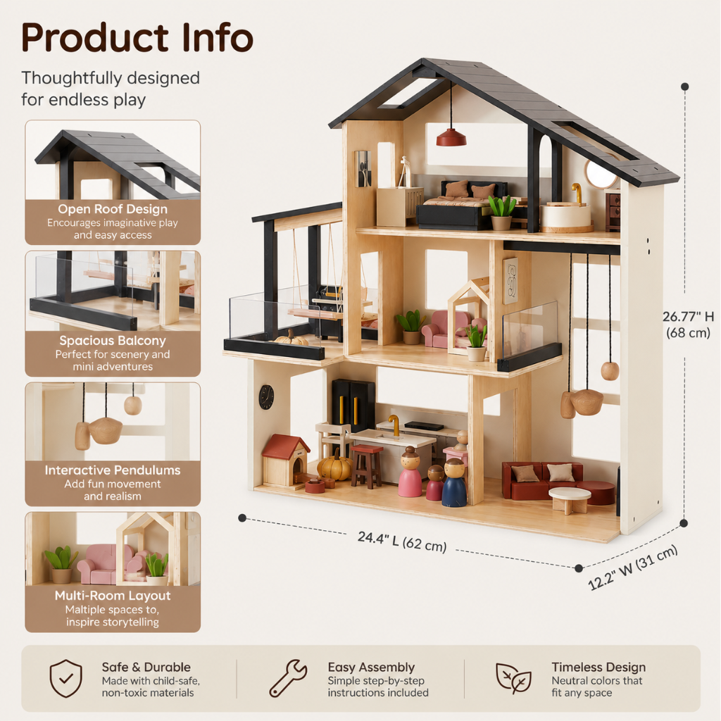 Little Teekies Modern Wooden Dollhouse with Furniture & 7 Rooms