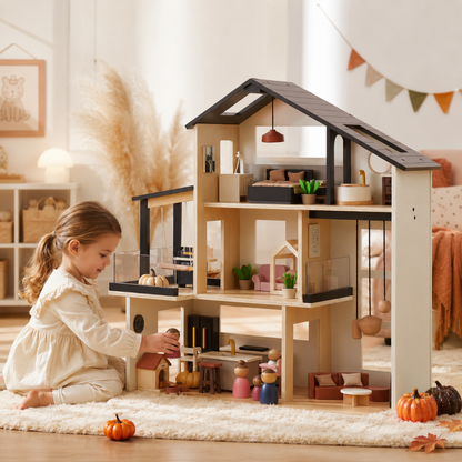 Little Teekies Modern Wooden Dollhouse with Furniture & 7 Rooms