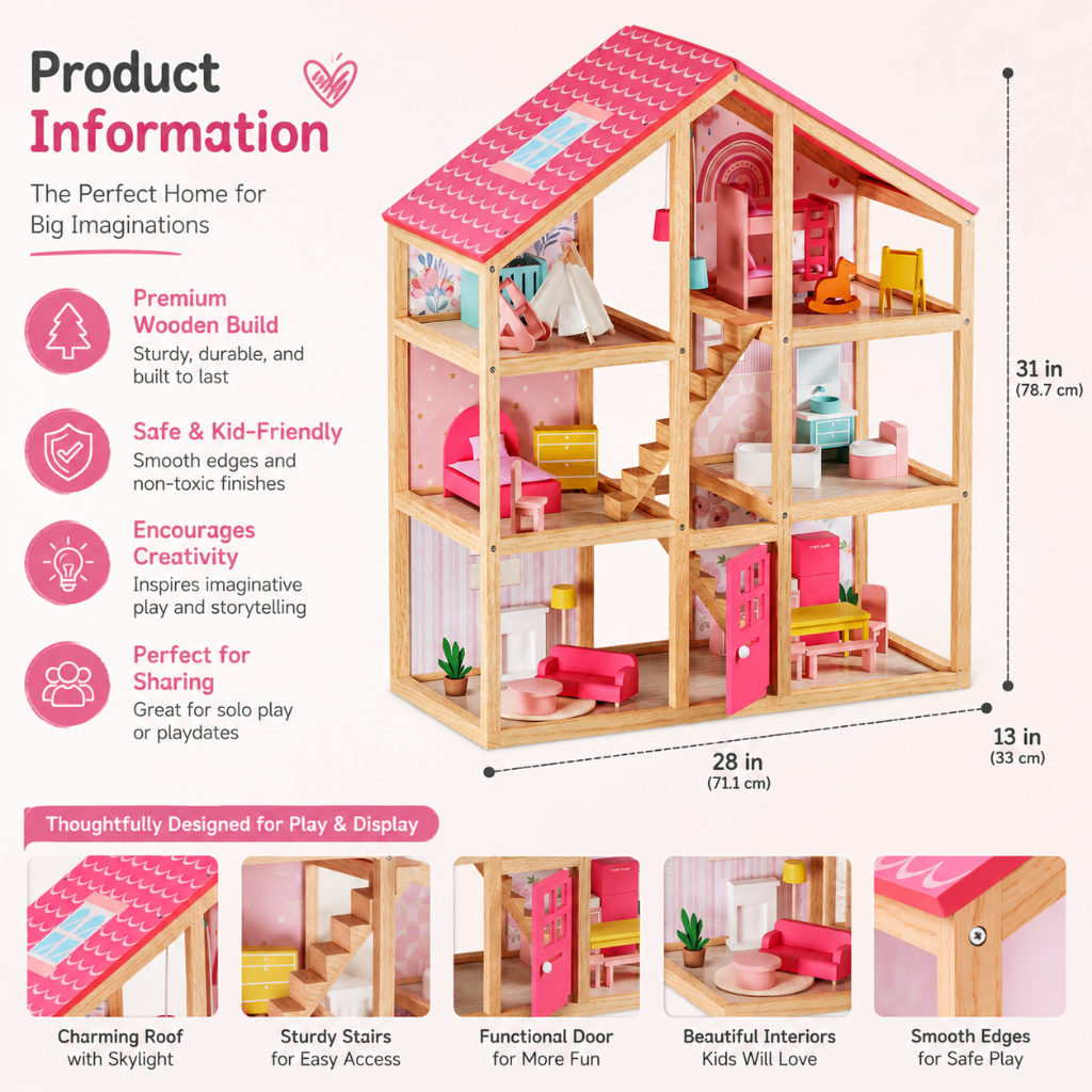 Little Teekies PlayVilla Wooden Dollhouse with Furniture – 3 Level Doll Play House