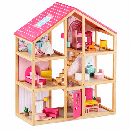 Little Teekies PlayVilla Wooden Dollhouse with Furniture – 3 Level Doll Play House