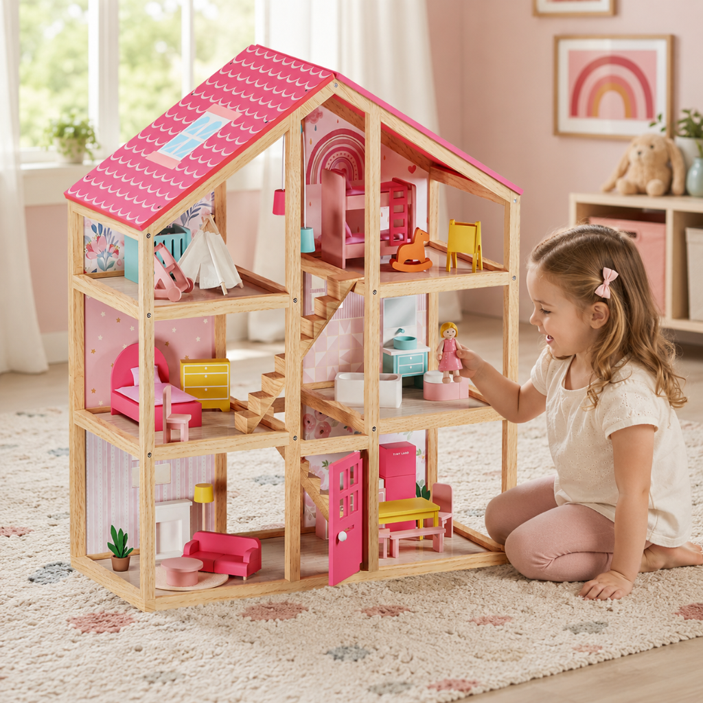 Little Teekies PlayVilla Wooden Dollhouse with Furniture – 3 Level Doll Play House