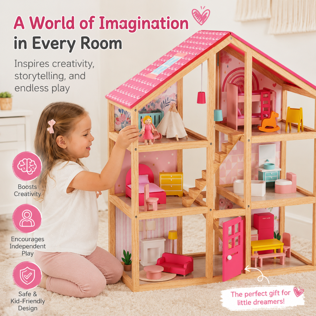 Little Teekies PlayVilla Wooden Dollhouse with Furniture – 3 Level Doll Play House