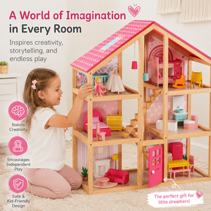 Little Teekies PlayVilla Wooden Dollhouse with Furniture – 3 Level Doll Play House
