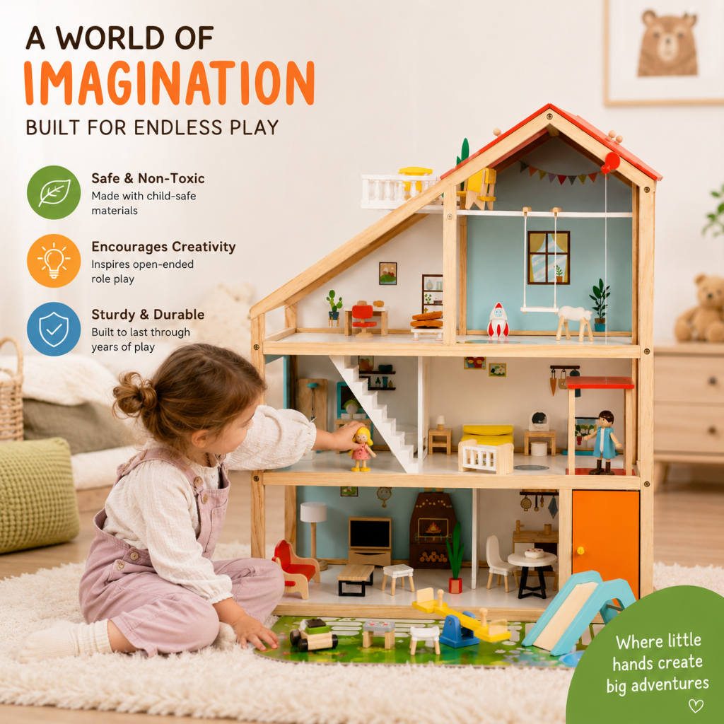 Little Teekies Wooden Dollhouse with Dolls & Furniture